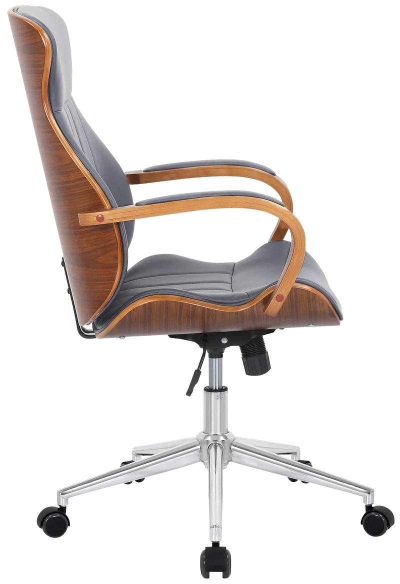 Fauteuil de bureau avec accoudoirs cadre robuste en bois courbé couleur noyer PVC gris et métal chromé 10_0002545