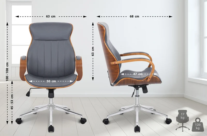 Fauteuil de bureau avec accoudoirs cadre robuste en bois courbé couleur noyer PVC gris et métal chromé 10_0002545