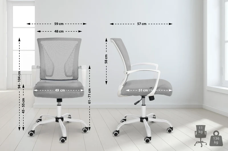 Chaise de bureau hauteur réglable avec revêtement en maille respirante microfibre gris clair pieds métal blanc 10_0002693