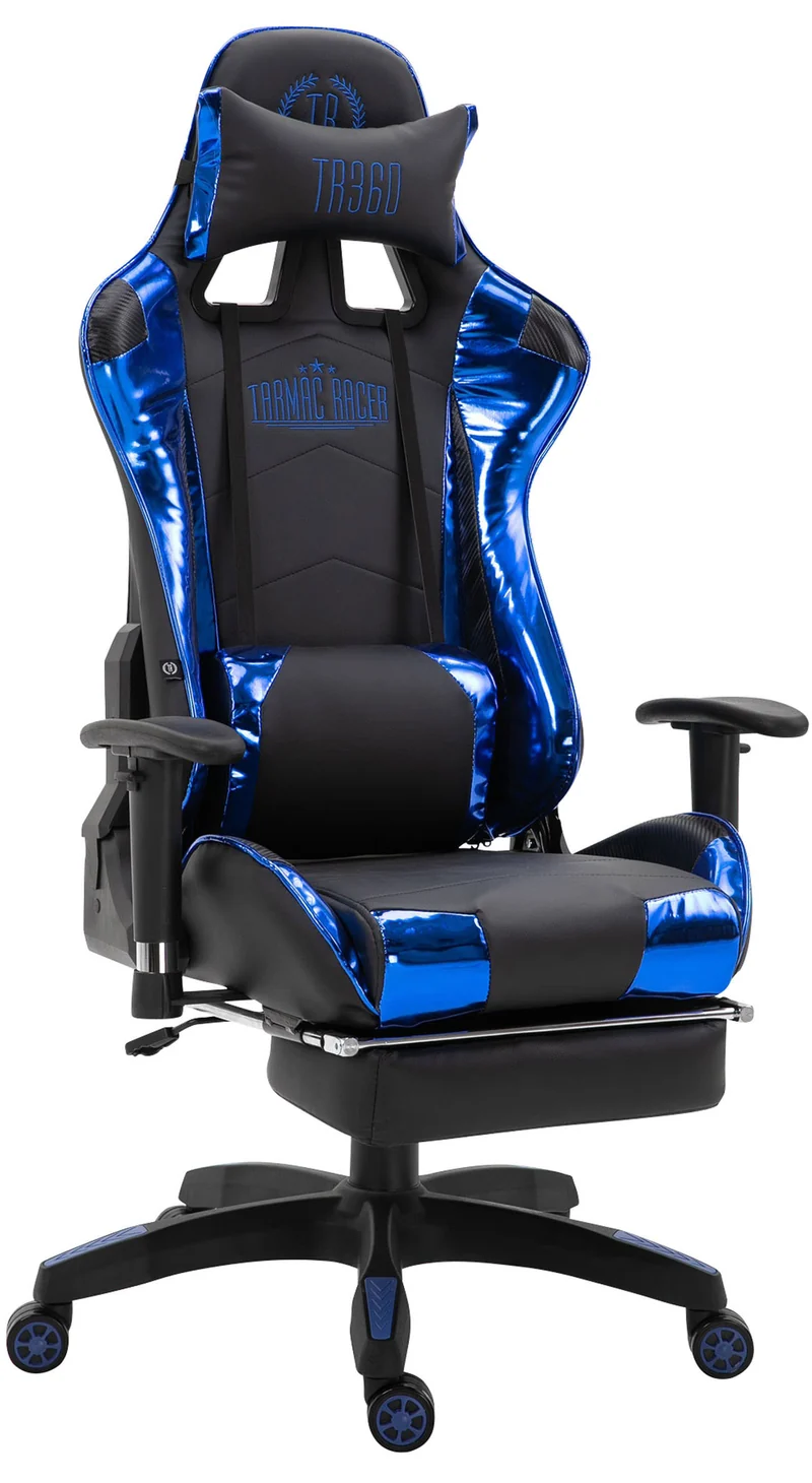 Fauteuil de bureau chaise gamer sur roulettes avec repose-pieds accoudoirs en PVC noir / bleu 10_0002766