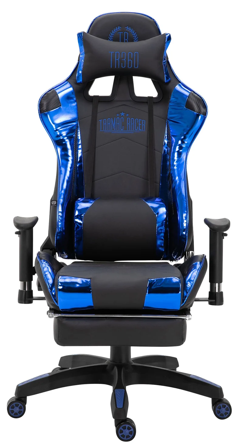 Fauteuil de bureau chaise gamer sur roulettes avec repose-pieds accoudoirs en PVC noir / bleu 10_0002766