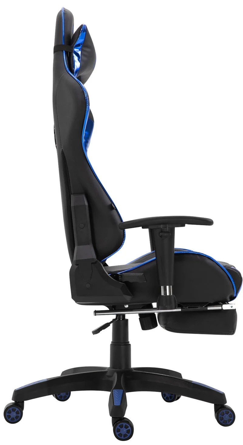 Fauteuil de bureau chaise gamer sur roulettes avec repose-pieds accoudoirs en PVC noir / bleu 10_0002766