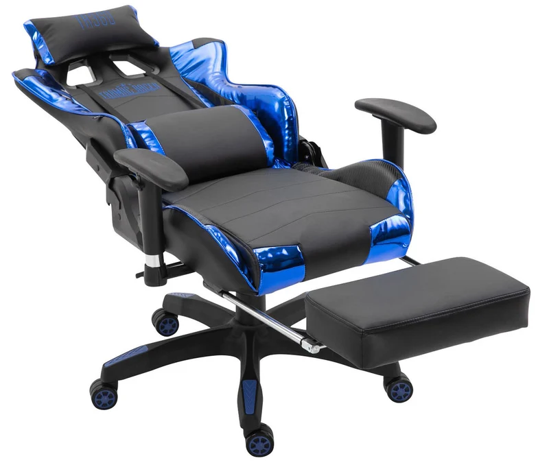 Fauteuil de bureau chaise gamer sur roulettes avec repose-pieds accoudoirs en PVC noir / bleu 10_0002766