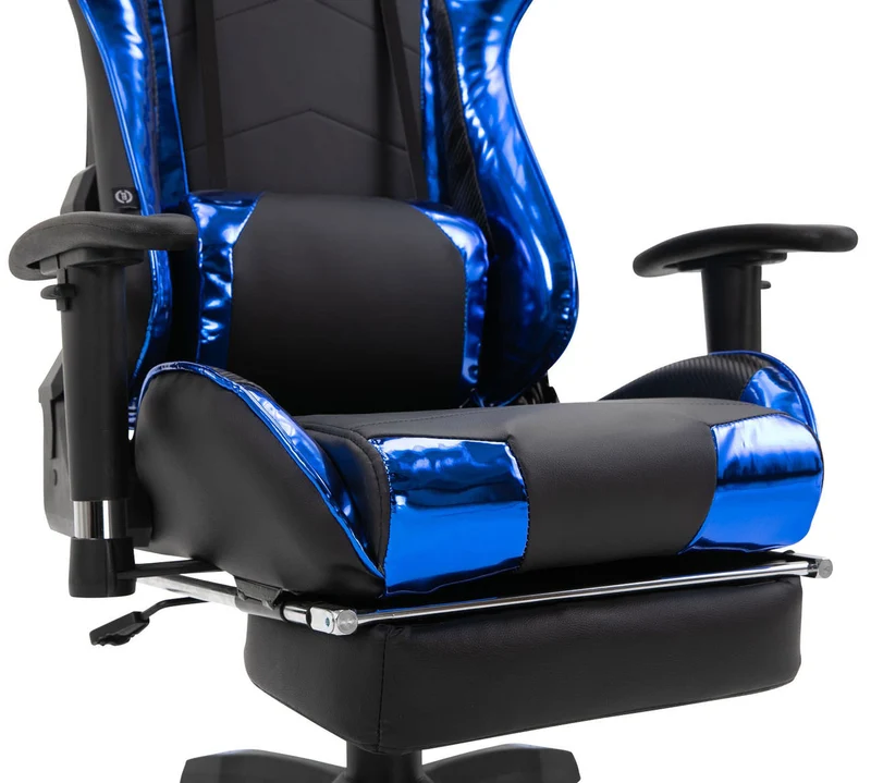 Fauteuil de bureau chaise gamer sur roulettes avec repose-pieds accoudoirs en PVC noir / bleu 10_0002766