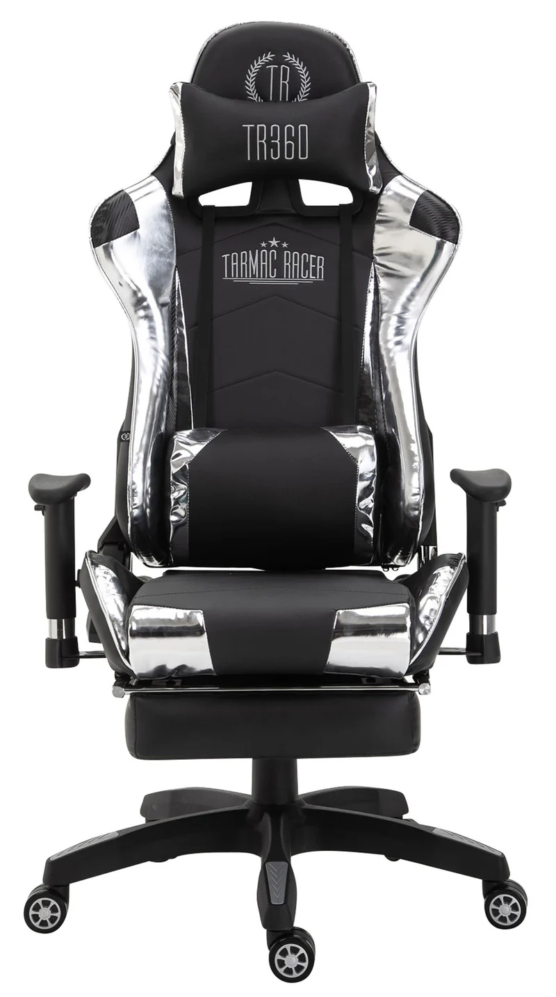 Fauteuil de bureau chaise gamer sur roulettes avec repose-pieds accoudoirs en PVC noir / blanc 10_0002765