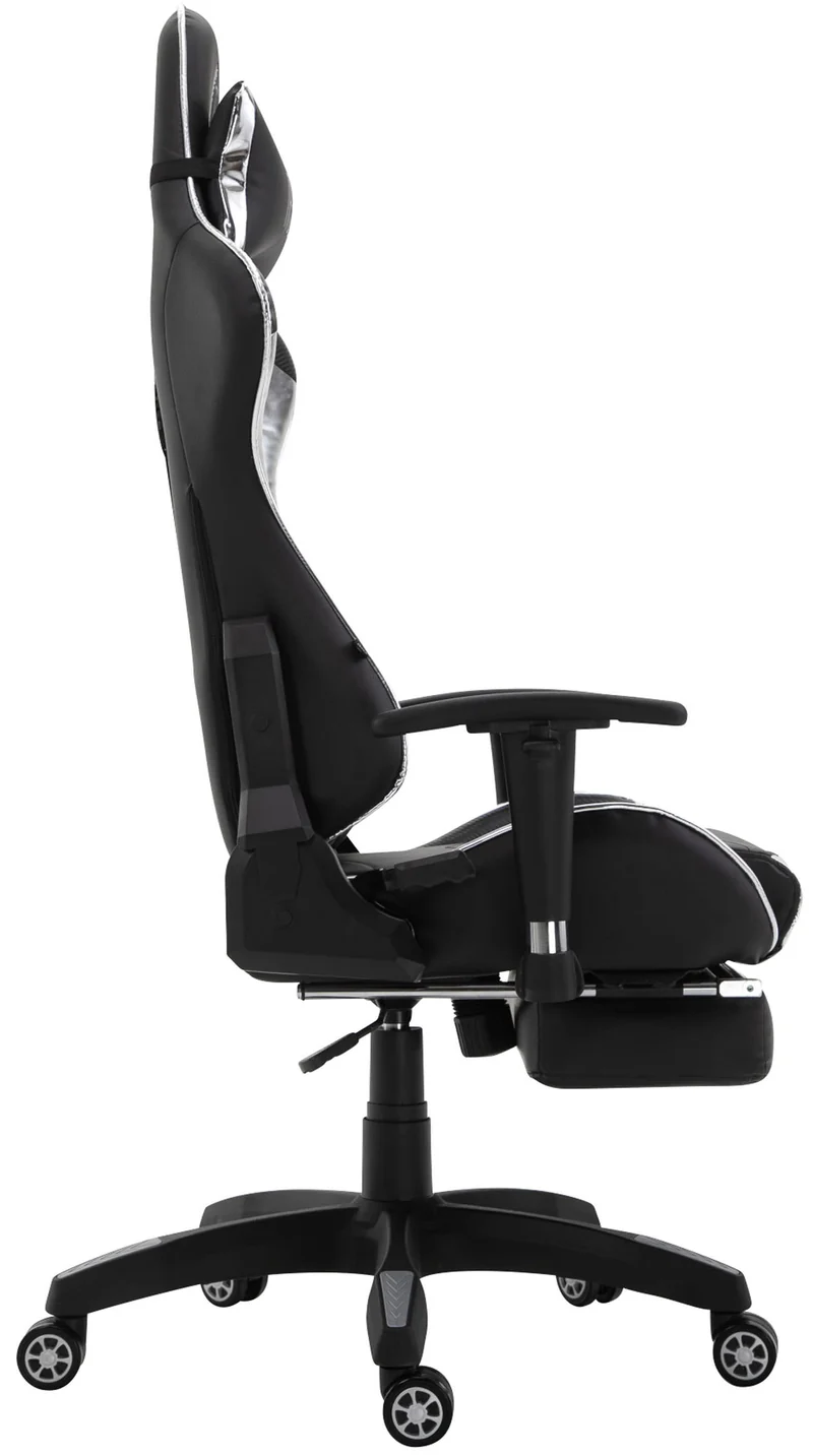 Fauteuil de bureau chaise gamer sur roulettes avec repose-pieds accoudoirs en PVC noir / blanc 10_0002765