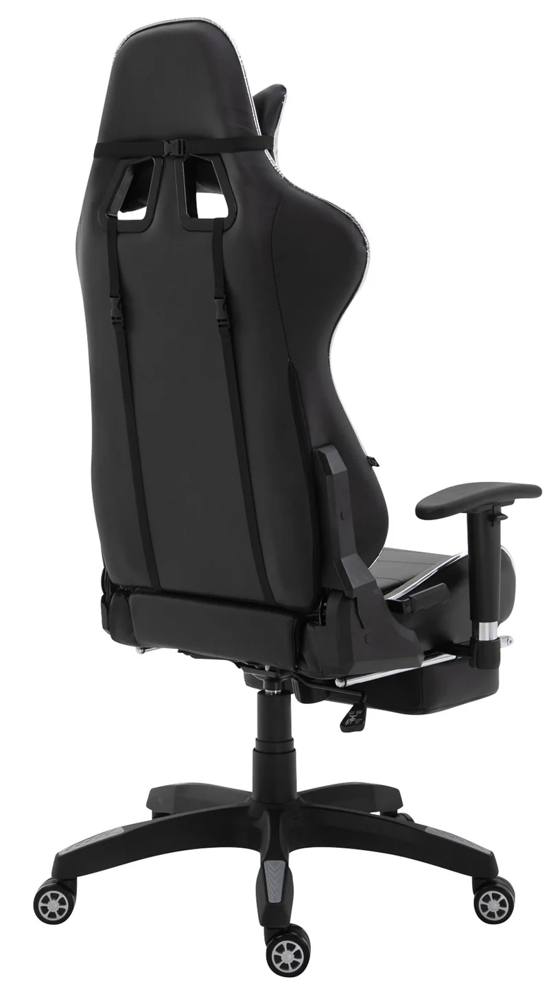 Fauteuil de bureau chaise gamer sur roulettes avec repose-pieds accoudoirs en PVC noir / blanc 10_0002765