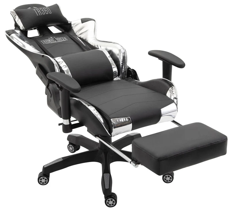 Fauteuil de bureau chaise gamer sur roulettes avec repose-pieds accoudoirs en PVC noir / blanc 10_0002765