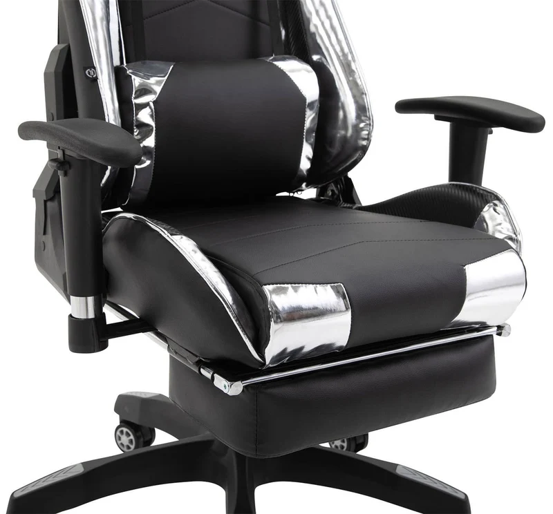 Fauteuil de bureau chaise gamer sur roulettes avec repose-pieds accoudoirs en PVC noir / blanc 10_0002765