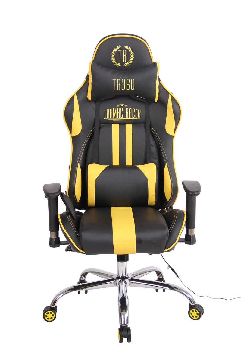 Fauteuil de bureau gamer design sportif fonction de massage chauffant avec coussins en PVC noir / jaune 10_0002531