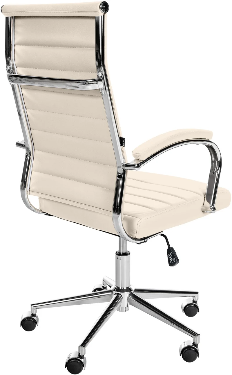Fauteuil de bureau en cuir véritable crème surpiqûre horizontale et pieds métal chromé 10_0002555