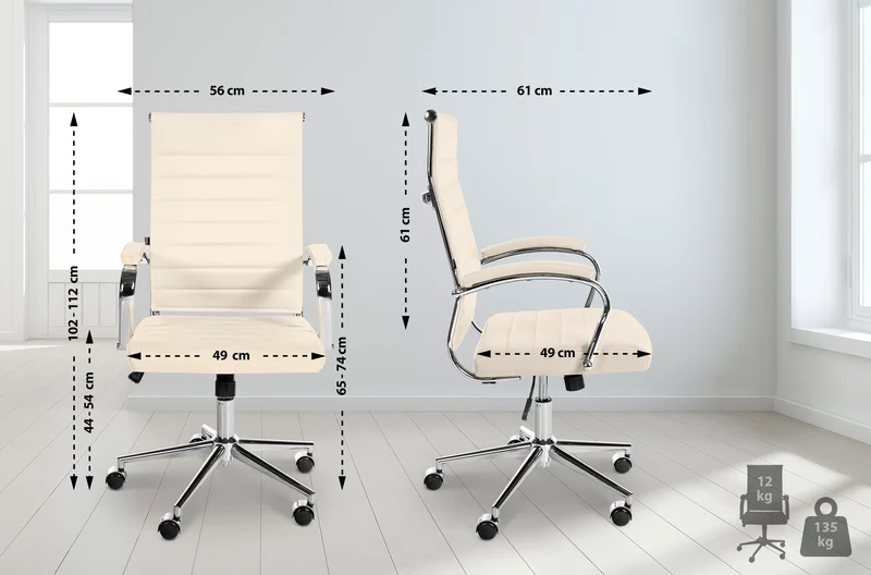 Fauteuil de bureau en cuir véritable crème surpiqûre horizontale et pieds métal chromé 10_0002555