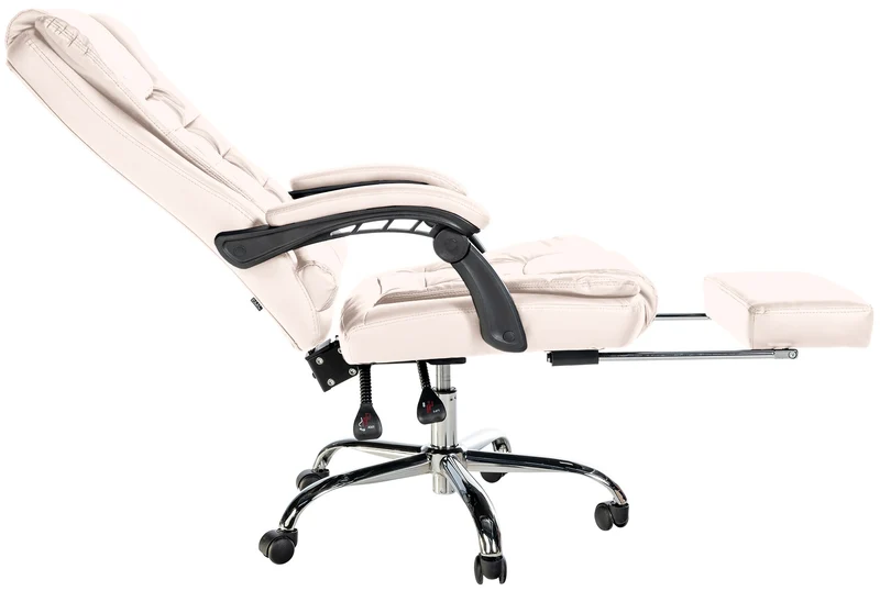 Fauteuil de bureau ergonomique généreusement rembourrée avec repose-pieds en PVC crème et métal chromé 10_0002566