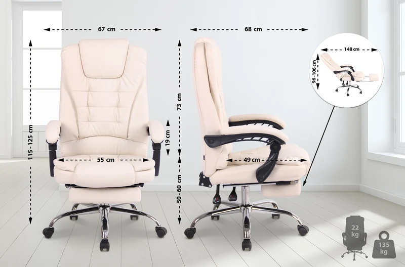Fauteuil de bureau ergonomique généreusement rembourrée avec repose-pieds en PVC crème et métal chromé 10_0002566