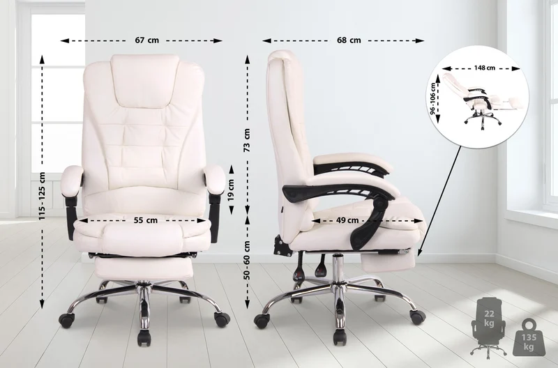 Fauteuil de bureau ergonomique généreusement rembourrée avec repose-pieds en PVC blanc et métal chromé 10_0002569