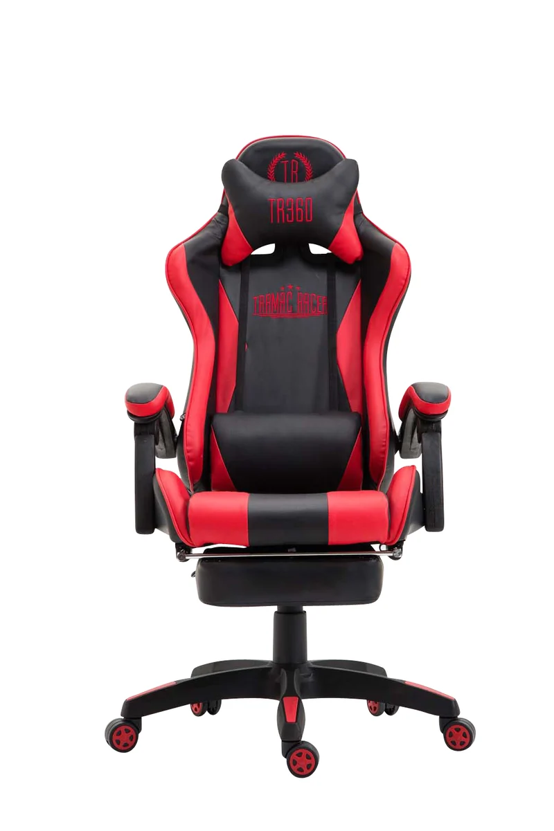 Fauteuil de bureau repose-pieds télescopique design sportif gamer en PVC noir / rouge et plastique 10_0002504