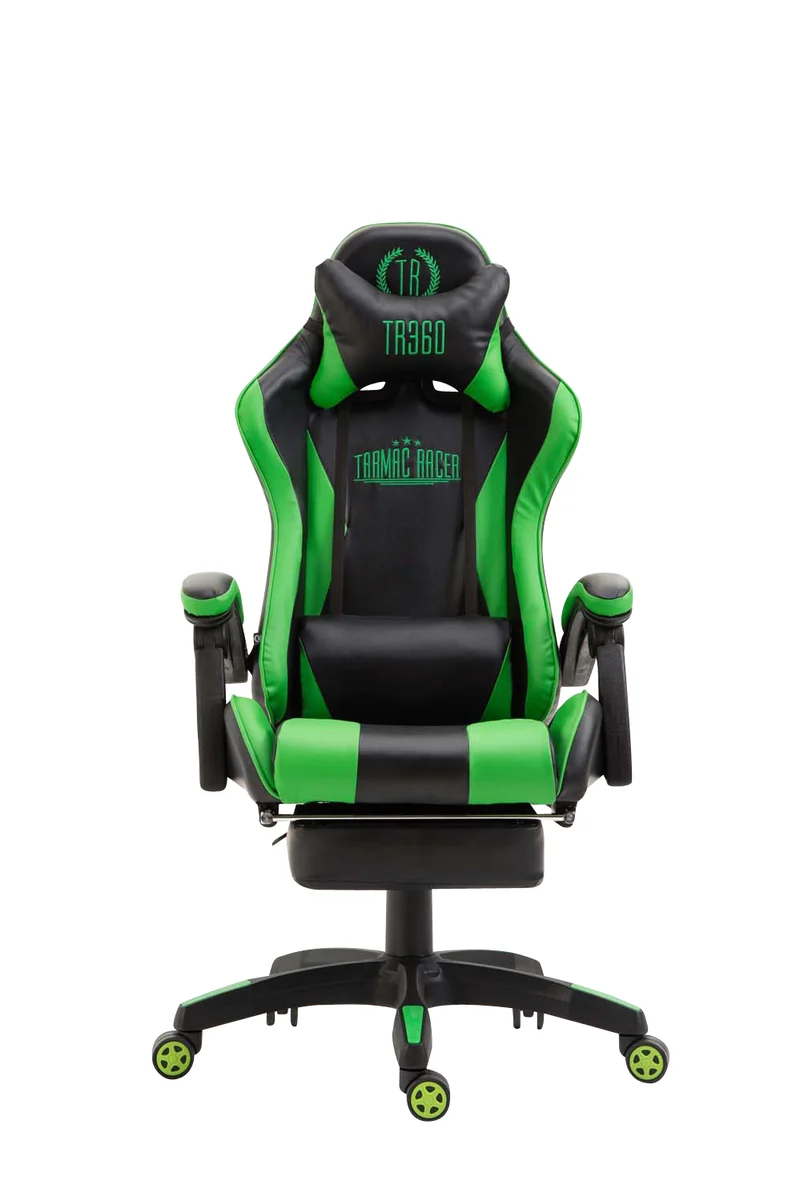 Fauteuil de bureau repose-pieds télescopique design sportif gamer en PVC noir / vert et plastique 10_0002508