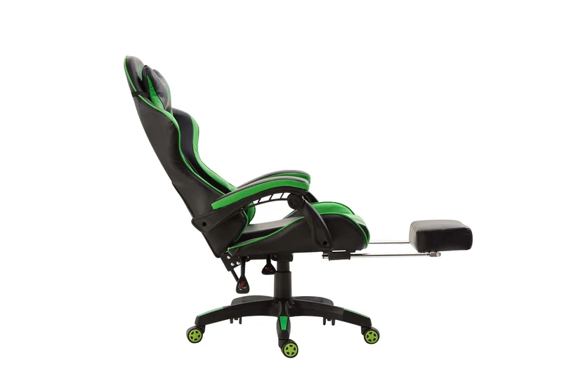 Fauteuil de bureau repose-pieds télescopique design sportif gamer en PVC noir / vert et plastique 10_0002508