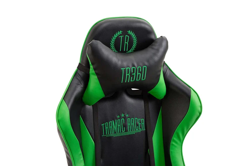 Fauteuil de bureau repose-pieds télescopique design sportif gamer en PVC noir / vert et plastique 10_0002508