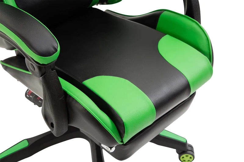 Fauteuil de bureau repose-pieds télescopique design sportif gamer en PVC noir / vert et plastique 10_0002508
