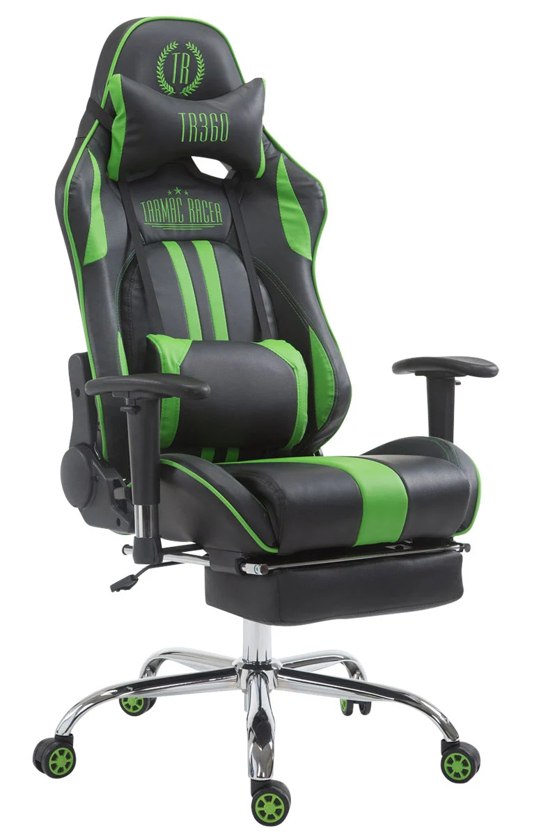 Fauteuil de bureau gamer avec repose-pieds extensible mécanisme de bascule en PVC noir / vert 10_0002744