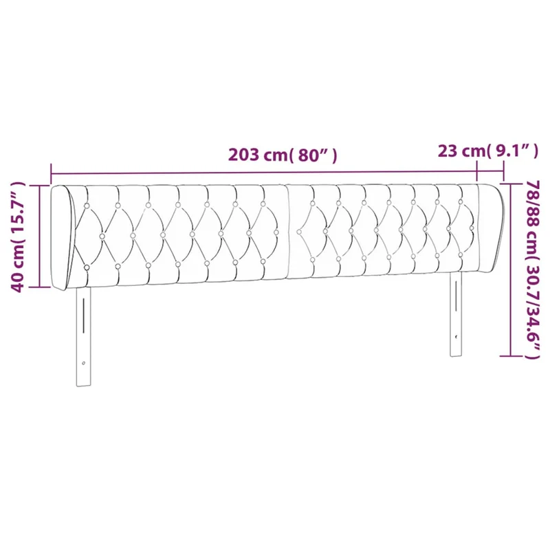 Tête de lit accessoire couchage chambre à coucher meuble capitonné avec rebord latéral 203 x 23 x 78/88 cm Tissu velours noir TDL0204473