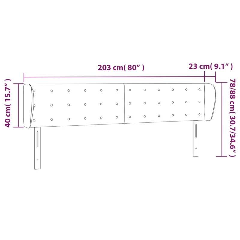 Tête de lit accessoire couchage chambre à coucher meuble capitonné avec rebord latéral 203 x 23 x 78/88 cm tissu velours gris clair TDL0205154