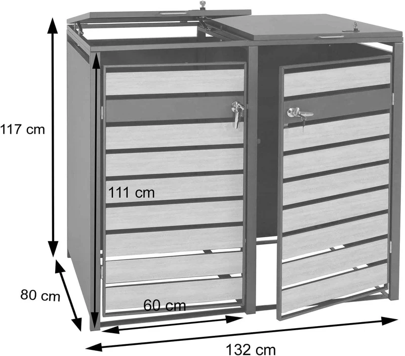 Abri de poubelle en métal pour deux poubelles de 80 à 240 litres anthracite aspect bois d hêtre marron clair MDJ04174