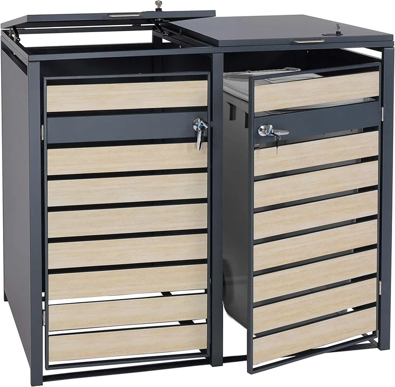 Abri de poubelle en métal pour deux poubelles de 80 à 240 litres anthracite aspect bois d hêtre marron clair MDJ04174