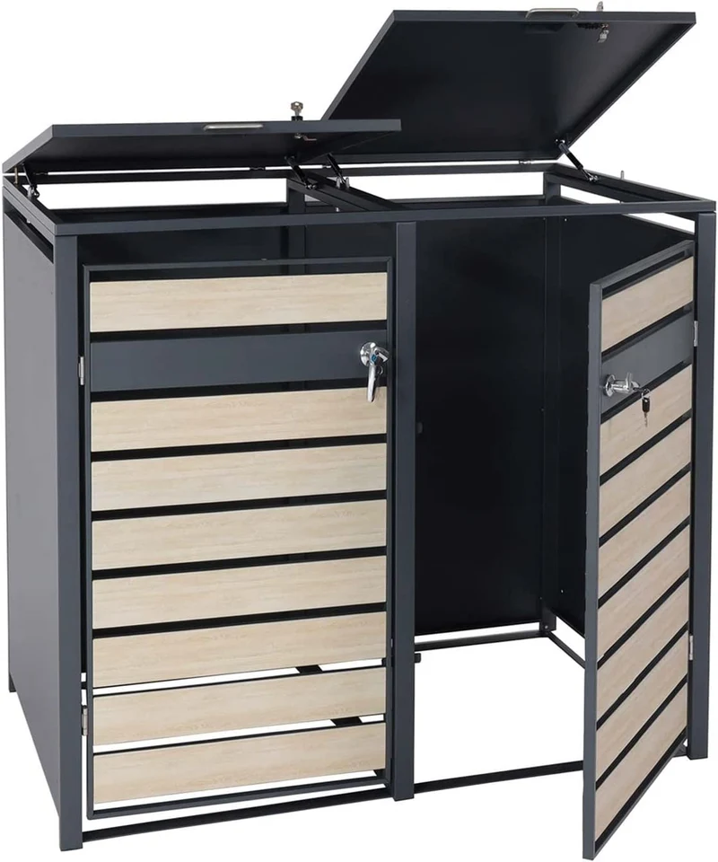 Abri de poubelle en métal pour deux poubelles de 80 à 240 litres anthracite aspect bois d hêtre marron clair MDJ04174
