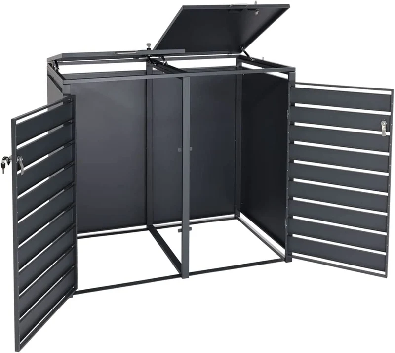 Abri de poubelle en métal pour deux poubelles de 80 à 240 litres anthracite aspect bois d hêtre marron clair MDJ04174