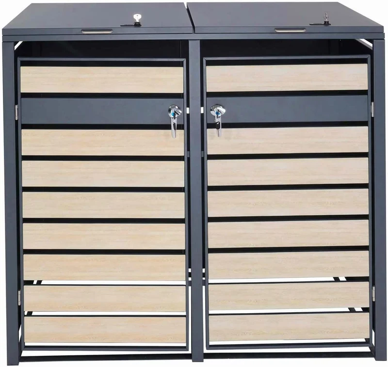 Abri de poubelle en métal pour deux poubelles de 80 à 240 litres anthracite aspect bois d hêtre marron clair MDJ04174