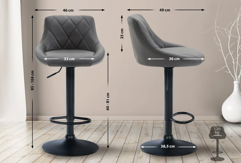 Tabouret de bar en synthétique gris pivotant avec repose-pieds métal noir coutures décoratives TDB10583