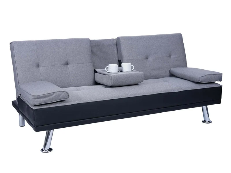 Canapé 3 places canapé-lit avec porte-gobelet réglable 97x166cm en synthétique et tissu noir-gris clair 04_0004878