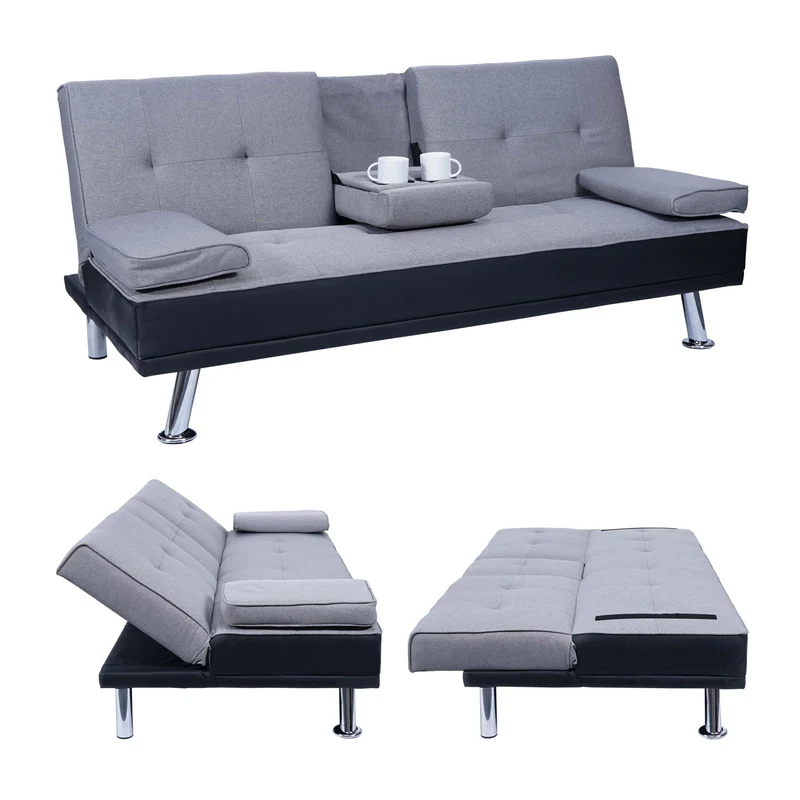 Canapé 3 places canapé-lit avec porte-gobelet réglable 97x166cm en synthétique et tissu noir-gris clair 04_0004878