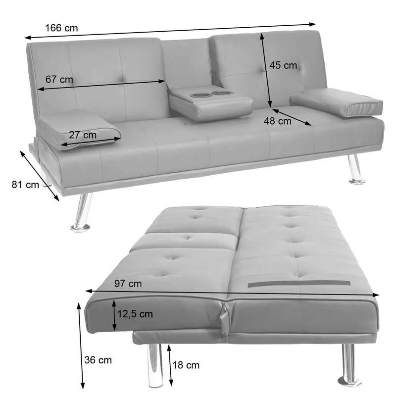 Canapé 3 places canapé-lit avec porte-gobelet réglable 97x166cm en synthétique et tissu noir-gris clair 04_0004878