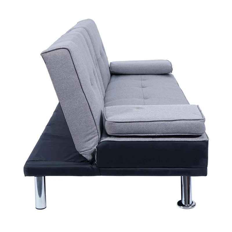 Canapé 3 places canapé-lit avec porte-gobelet réglable 97x166cm en synthétique et tissu noir-gris clair 04_0004878