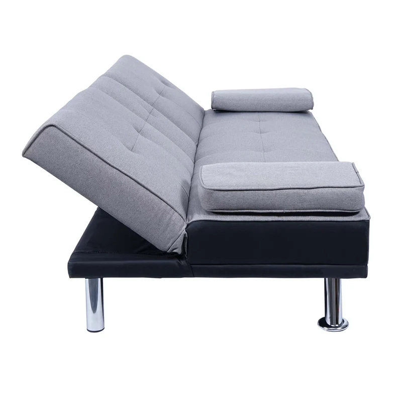 Canapé 3 places canapé-lit avec porte-gobelet réglable 97x166cm en synthétique et tissu noir-gris clair 04_0004878