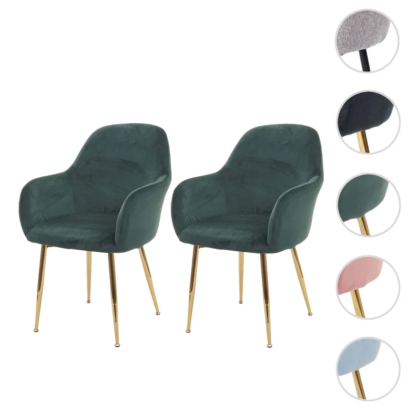 Lot de 2 chaises de salle à manger design rétro en tissu velours vert pieds métal dorés 04_0000381