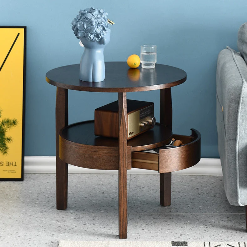 Contemporary Retro Antique Rubberwood Pine Wood Plywood Circular End Table 2-Tier Drawer For Living Room