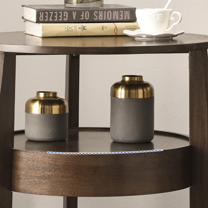 Contemporary Retro Antique Rubberwood Pine Wood Plywood Circular End Table 2-Tier Drawer For Living Room