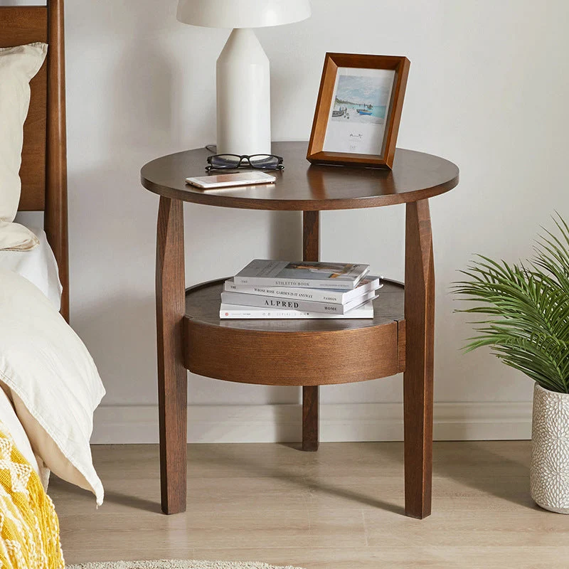 Contemporary Retro Antique Rubberwood Pine Wood Plywood Circular End Table 2-Tier Drawer For Living Room