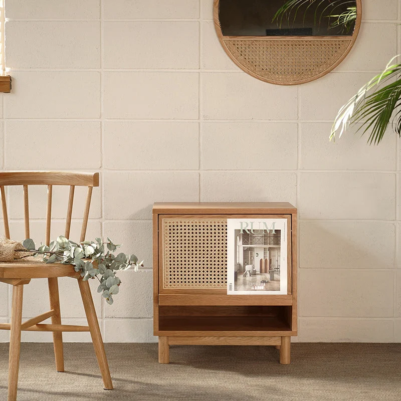 Contemporary Nordic Rectangular Solid Wood Plywood Fir Wood Pine Wood Rattan End Table 1-Drawer For Living Room