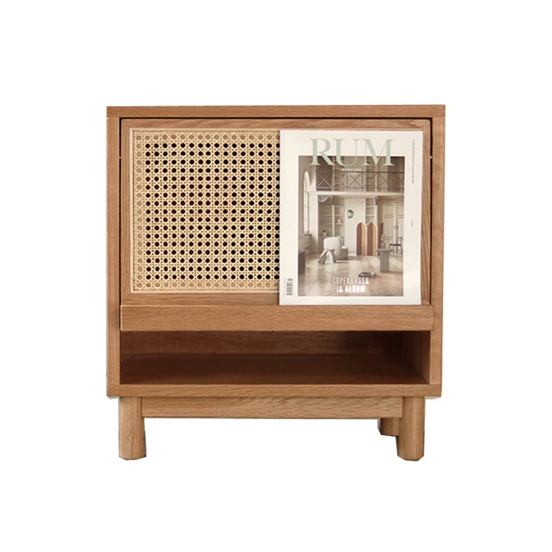 Contemporary Nordic Rectangular Solid Wood Plywood Fir Wood Pine Wood Rattan End Table 1-Drawer For Living Room