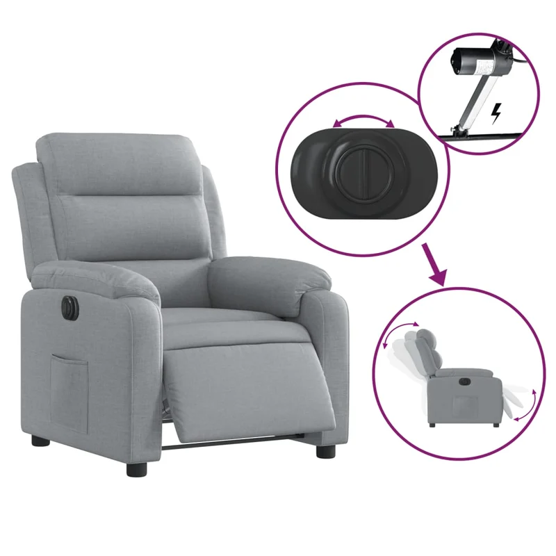 Fauteuil relax TV fonction d'inclinaison électrique très confortable en tissu gris clair DEC028310