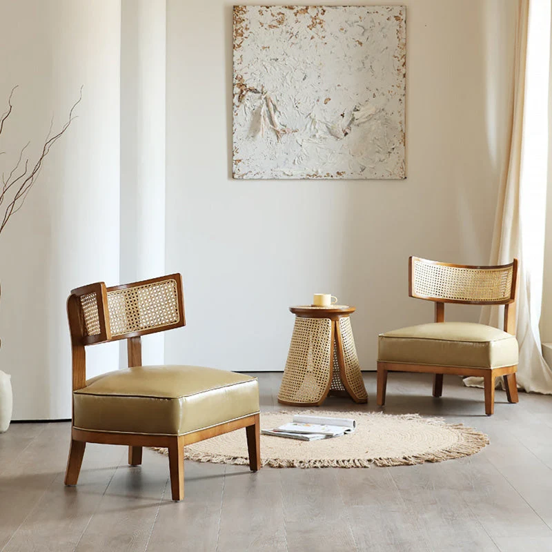 Contemporary Nordic Square Curved Ash Wood & Plywood Rattan Microfiber Leather Accent Chair Backrest For Living Room