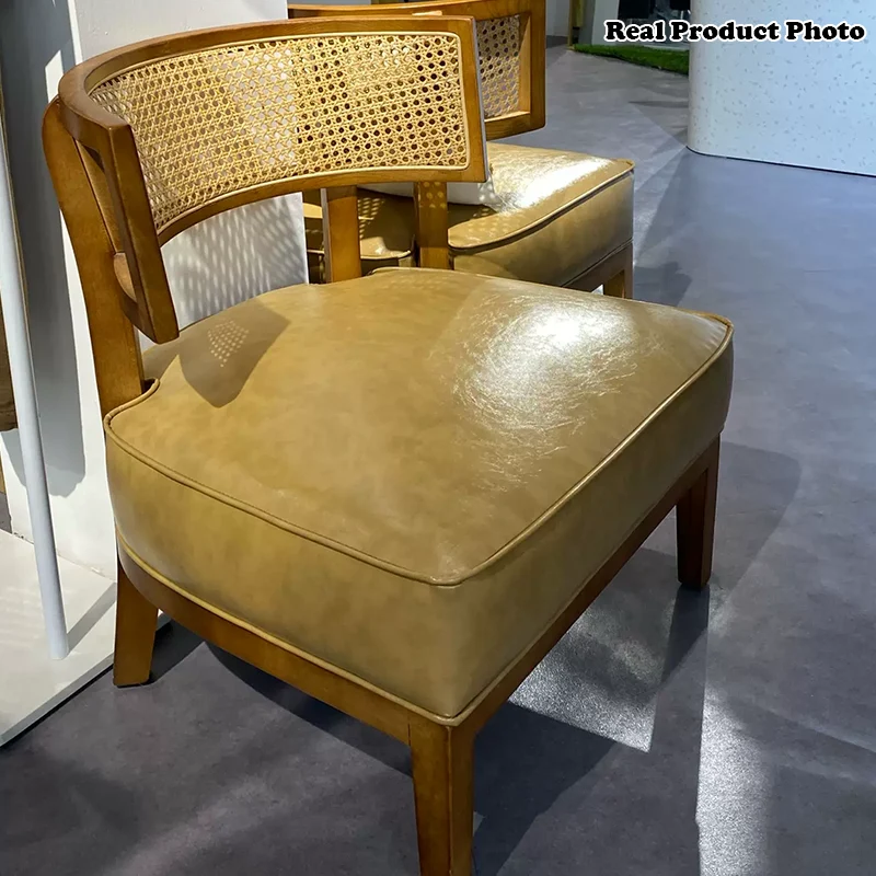 Contemporary Nordic Square Curved Ash Wood & Plywood Rattan Microfiber Leather Accent Chair Backrest For Living Room