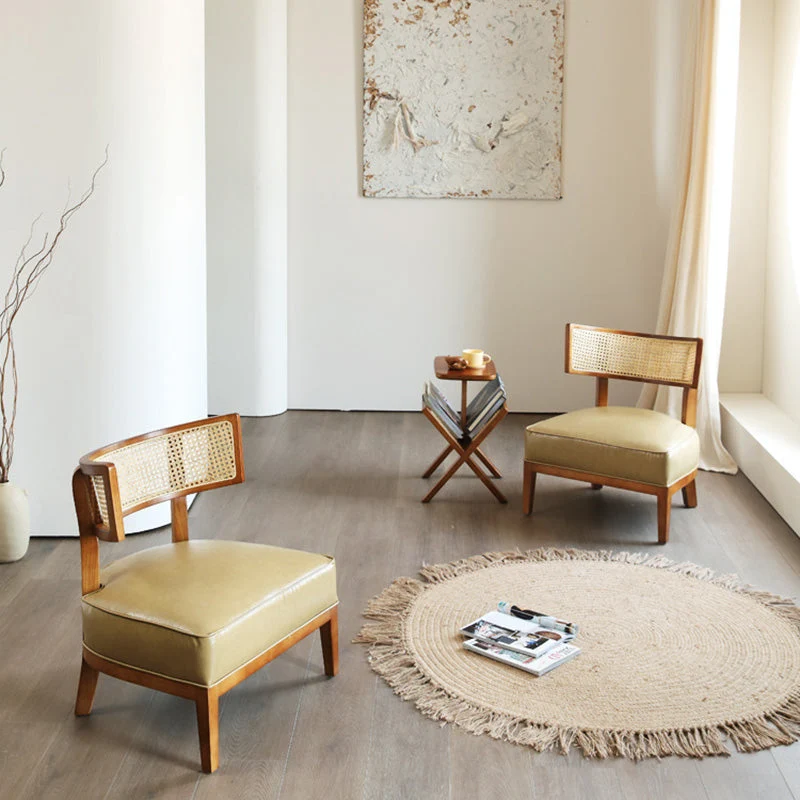 Contemporary Nordic Square Curved Ash Wood & Plywood Rattan Microfiber Leather Accent Chair Backrest For Living Room