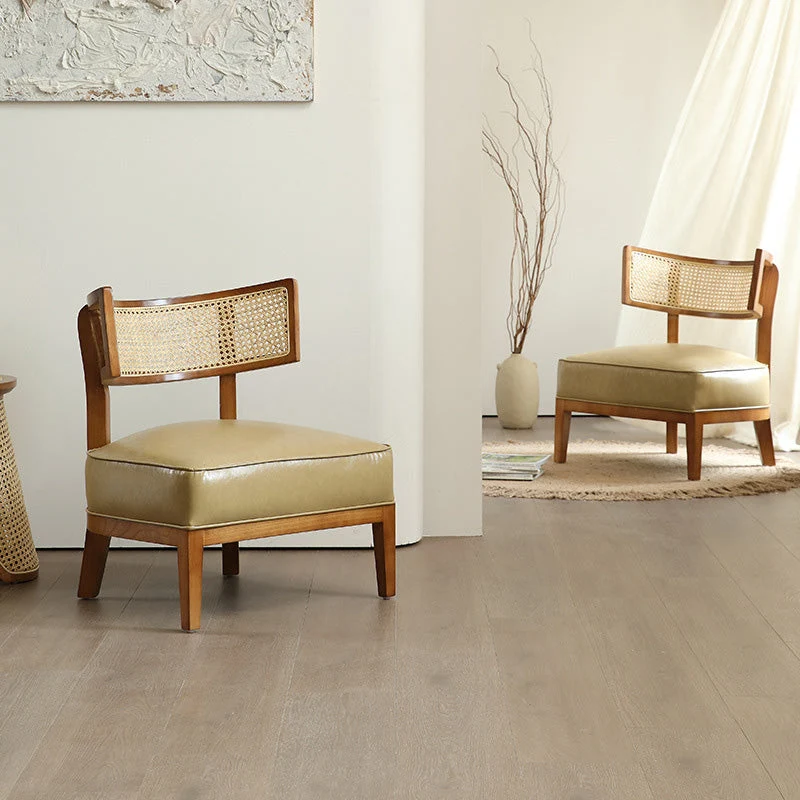 Contemporary Nordic Square Curved Ash Wood & Plywood Rattan Microfiber Leather Accent Chair Backrest For Living Room