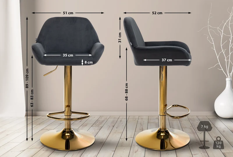 Lot de 2 tabourets de bar repose-pieds intégré revêtement velours noir structure en métal doré TDB10738